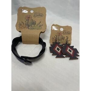 Justin Boot Barn Dark Brown Leather Bracelet and pair of Dangle Earrings NWT